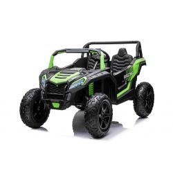 Coche eléctrico de juguete UTV XXL 24V, Verde, dos asientos en cuero, Discos de freno, Motor 24V, Luces LED, Ruedas de goma inflables con suspensión trasera, Reproductor MP3 con USB y Bluetooth, Volante ajustable