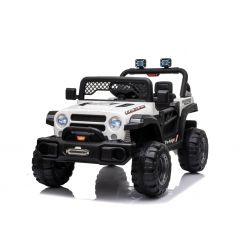 Coche eléctrico All Ride con tracción trasera, color blanco, batería 12V, Chasis alto, asiento ancho, Suspensión en eje trasero, Mando a distancia 2,4 GHz, Reproductor de MP3 con USB, Luces LED