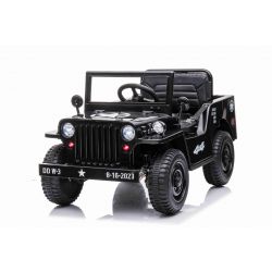 Coche eléctrico USA ARMY SMALL, negro, tracción trasera, asiento individual, reproductor de MP3 con entrada USB / AUX, espacio de almacenamiento trasero y delantero, luces LED, batería de 12V7AH, ruedas de plástico, asientos de plástico, control 