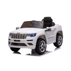 Coche eléctrico JEEP GRAND CHEROKEE 12V, BLANCO, asiento de polipiel, Batería 12V / 7AH, Puertas abatibles, Motor 2 x 35W, Control remoto 2.4 Ghz, Ruedas Soft EVA, Suspensión, Arranque suave, Reproductor MP3 con entrada USB / AUX