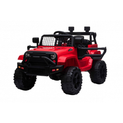 Vehículo eléctrico OFFROAD con tracción trasera, rojo, batería de 12V, chasis alto, asiento ancho, ejes suspendidos, control remoto de 2.4 GHz, reproductor de MP3 con entrada USB, luces LED