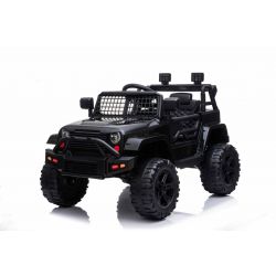 Vehículo eléctrico OFFROAD con tracción trasera, negro, batería de 12V, chasis alto, asiento ancho, ejes suspendidos, control remoto de 2.4 GHz, reproductor de MP3 con entrada USB, luces LED