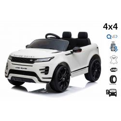 Eléctrico Ride-On Range Rover EVOQUE, blanco, asiento de cuero sintético individual, reproductor de MP3 con entrada USB, unidad 4x4, batería 12V10Ah, ruedas EVA, ejes de suspensión, arranque con llave, control remoto Bluetooth 2.4 GHz, con licencia