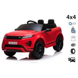 Eléctrico Ride-On Range Rover EVOQUE, rojo, asiento de cuero sintético individual, reproductor de MP3 con entrada USB, unidad 4x4, batería 12V10Ah, ruedas EVA, ejes de suspensión, arranque con llave, control remoto Bluetooth 2.4 GHz, con licencia