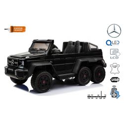 Coche eléctrico Mercedes-Benz G63 6X6, pantalla LCD, retroiluminación, 2.4Ghz, 12V14AH, batería extraíble, 4 X MOTOR, control remoto, asiento de cuero sintético, ruedas EVA, radio FM, servomotor, dos pedales, pintado de Negro, Monoplaza