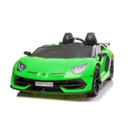 Coche eléctrico Lamborghini Aventador 12V para dos usuarios, Verde, Puertas de apertura vertical, Motor 2 x 12V, Batería 12V, Control remoto 2.4 Ghz, Ruedas EVA blandas, Suspensión, Arranque suave, Reproductor MP3 con USB, Licencia original