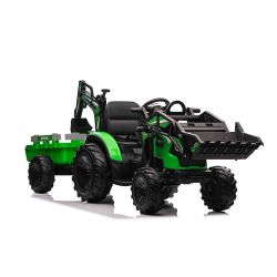 Tractor eléctrico TOP-WORKER 12V con cucharas y remolque, Monoplaza, verde, Mando a distancia de 2,4 GHz, asiento de PU blando, Reproductor de MP3 con entrada USB, Tracción trasera, Motor 2 x 45W, Ruedas EVA, Batería 12V / 10Ah