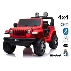 JEEP Wrangler Ride-On eléctrico, rojo, Asiento doble de polipiel, radio con Bluetooth y entrada USB, unidad 4x4, batería 12V10Ah, ruedas EVA, ejes de suspensión, control remoto de 2.4 GHz, con licencia