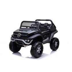 Coche Eléctrico, Mercedes-Benz UNIMOG, Negro, Control Remoto de 2.4 Ghz, 4 X 4, Dos Asientos, Suspensión, Botón de Inicio, Ruedas Suaves de EVA, USB, Bluetooth