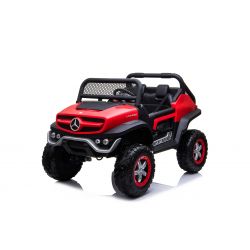 Coche Eléctrico, Mercedes-Benz UNIMOG, Rojo, Control Remoto de 2.4 Ghz, 4 X 4, Dos Asientos, Suspensión, Botón de Inicio, Ruedas Suaves de EVA, USB, Bluetooth