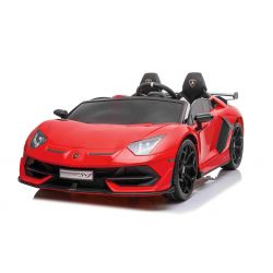Coche eléctrico Lamborghini Aventador 12V para dos usuarios, Rojo, Puertas de apertura vertical, Motor 2 x 12V, Batería 12V, Control remoto 2.4 Ghz, Ruedas EVA blandas, Suspensión, Arranque suave, Reproductor MP3 con USB, Licencia original