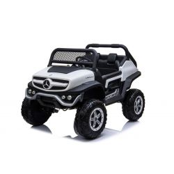 Coche Eléctrico, Mercedes-Benz UNIMOG, Blanco, Control Remoto de 2.4 Ghz, 4 X 4, Dos Asientos, Suspensión, Botón de Inicio, Ruedas Suaves de EVA, USB, Bluetooth