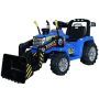 Tractor eléctrico MASTERS con cucharón, azul, tracción trasera, batería de 12 V, 2 motores de 25 W, cucharón delantero, asiento ancho de plástico, mando a distancia de 2,4 GHz, reproductor MP3 con entrada AUX, luces LED