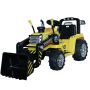 Tractor eléctrico MASTERS con cucharón, amarillo, tracción trasera, batería de 12V, 2 motores de 25W, cucharón delantero, asiento ancho de plástico, control remoto de 2.4 GHz, reproductor MP3 con entrada AUX, luces LED