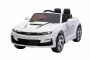 Coche eléctrico para montar Chevrolet Camaro, blanco, licencia original, batería de 12 V, puertas que se abren, Asiento de cuero artificial, motor de 2x 35 W, luces LED, control remoto de 2,4 Ghz, ruedas suaves de EVA, arranque suave