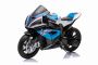 Moto eléctrica BMW HP4 RACE 12V, Matriculada, azul, Batería 12V, Ruedas blandas EVA, Motores 2 x 35W, Suspensión, Estructura metálica, Horquilla metálica, Ruedas auxiliares