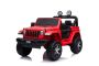 JEEP Wrangler Ride-On eléctrico, rojo, Asiento doble de polipiel, radio con Bluetooth y entrada USB, unidad 4x4, batería 12V10Ah, ruedas EVA, ejes de suspensión, control remoto de 2.4 GHz, con licencia